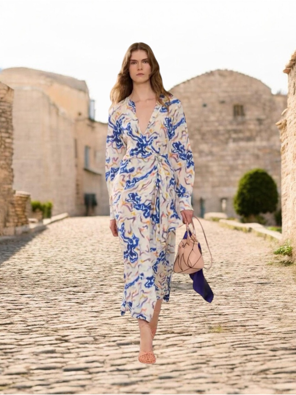 Ulla Johnson Adalyn Ikat Wave Print Long Sleeve Silk Midi Dress Size 12